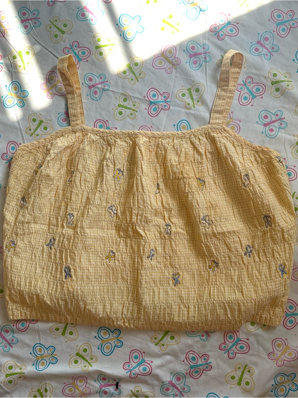 Andrew & Co Vintage Yellow Gingham Print Butterfly Embroidered Cropped Tank Top